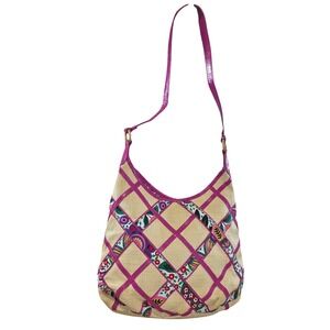 Vera Bradley Viva la Vera Straw Shoulder Bag Pink Patent Trim Floral Lined Hobo
